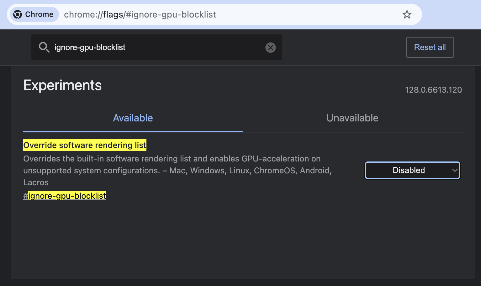 Chrome override software rendering list